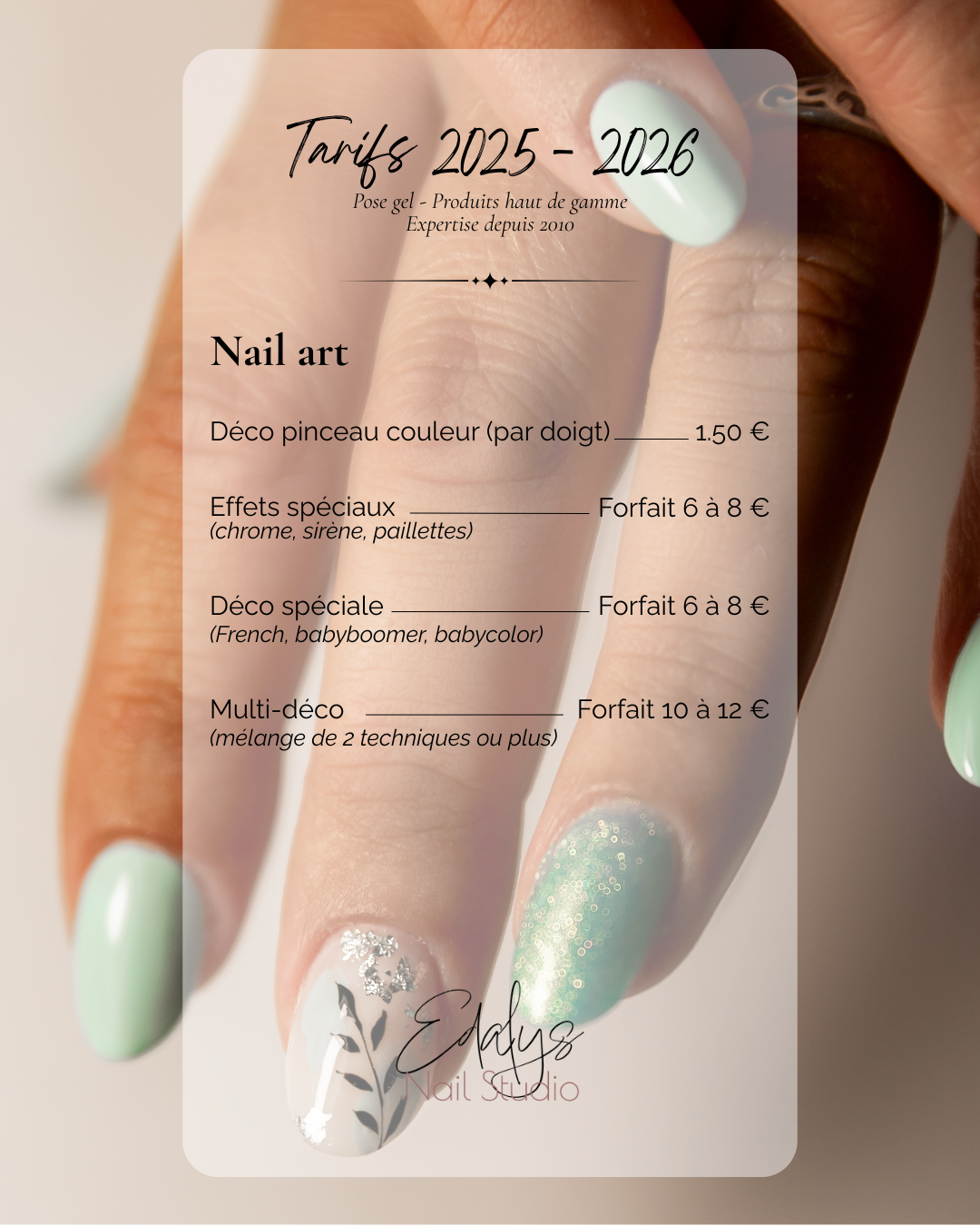 A nail salon price list showing service rates for 2025-2026 with mint green nail art designs visible in the background.