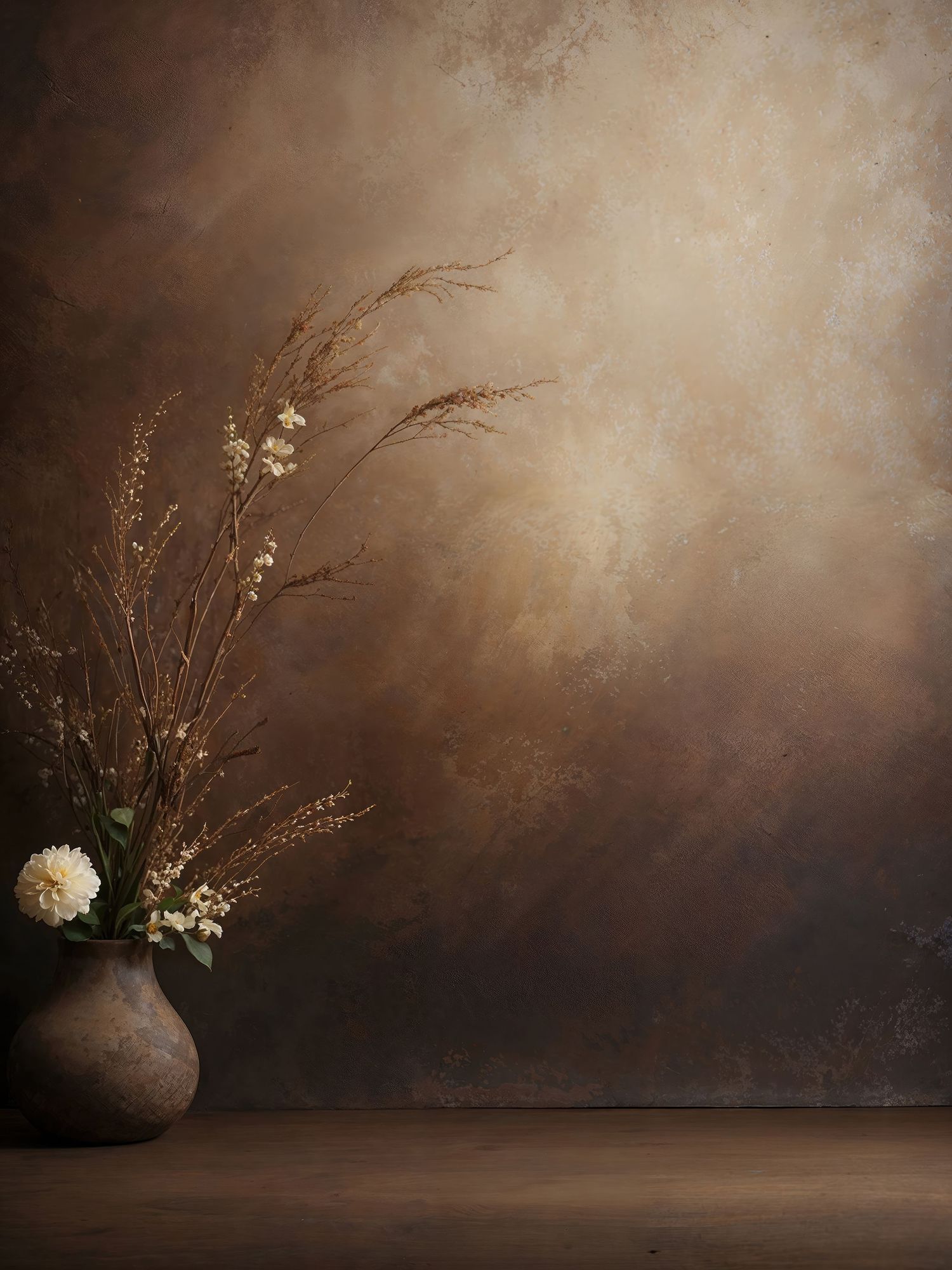 A rustic pottery vase with dried flowers and grasses against a moody brown textured background.