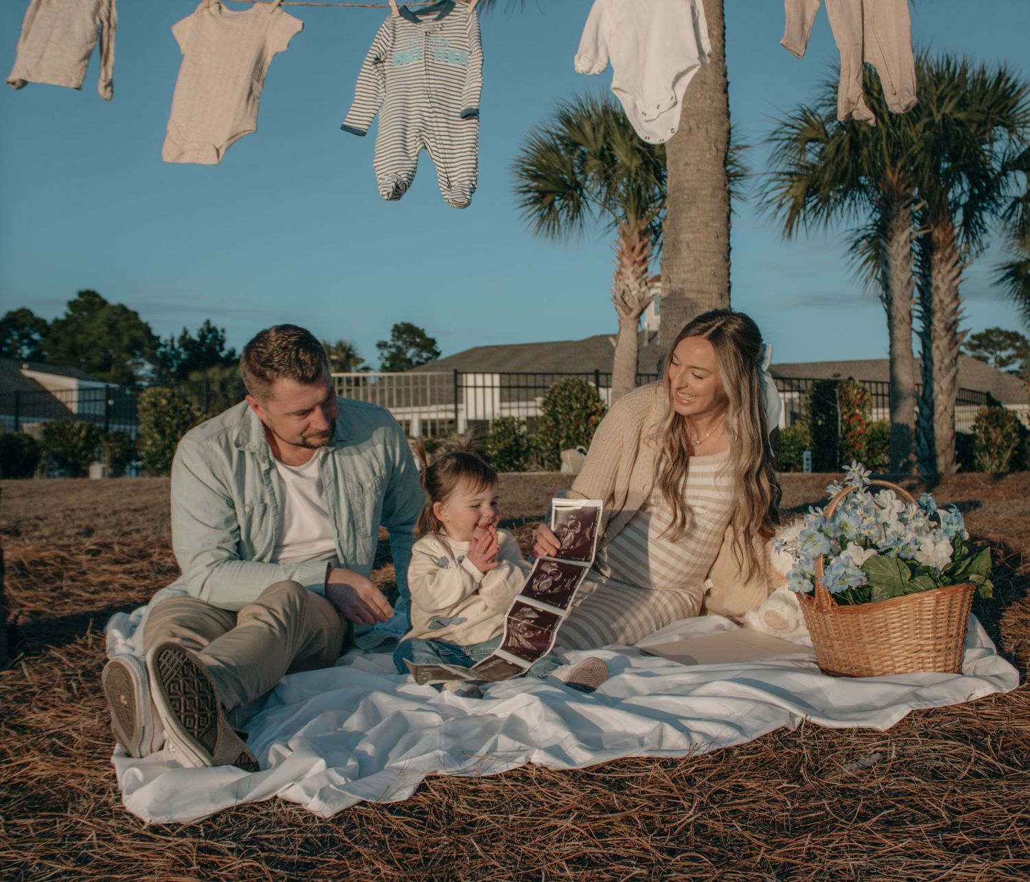 Family having picnic outdoors with laundry hanging and palm trees in background.