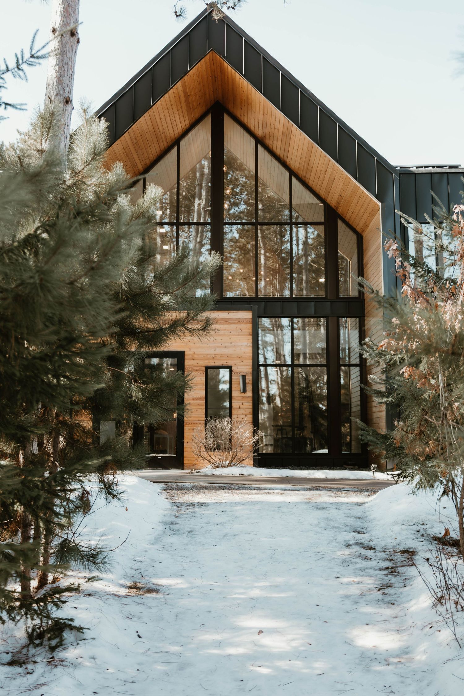Modern A-frame cabin with wood siding and large windows surrounded by snow and evergreen trees.