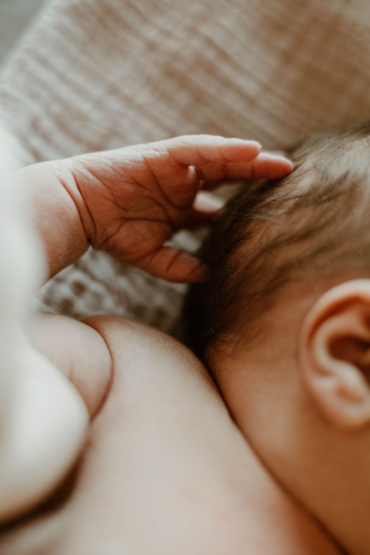 Close-up of a newborn baby breastfeeding, tiny hand resting near mother's chest, soft warm tones.
