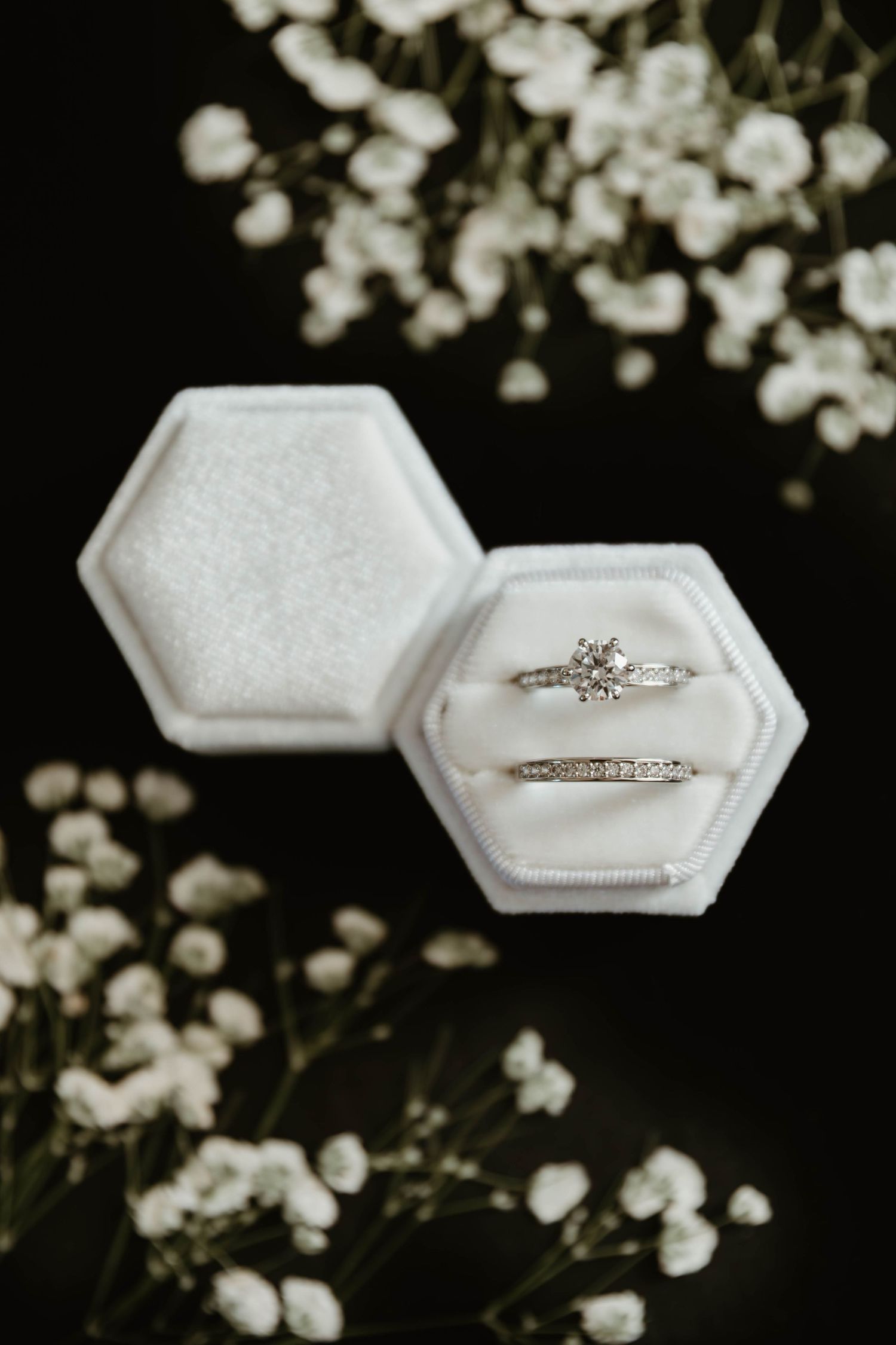 Diamond engagement rings displayed in white hexagonal ring boxes with scattered baby's breath flowers.