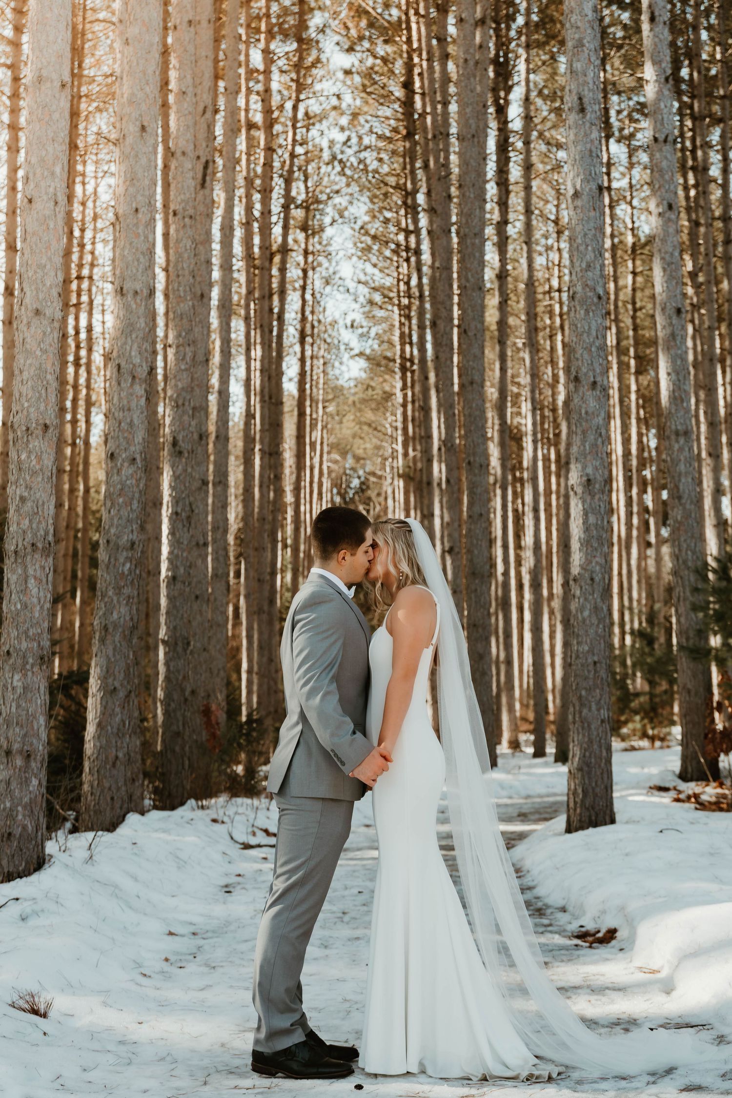 A romantic winter wedding portrait among tall pine trees in the snow.