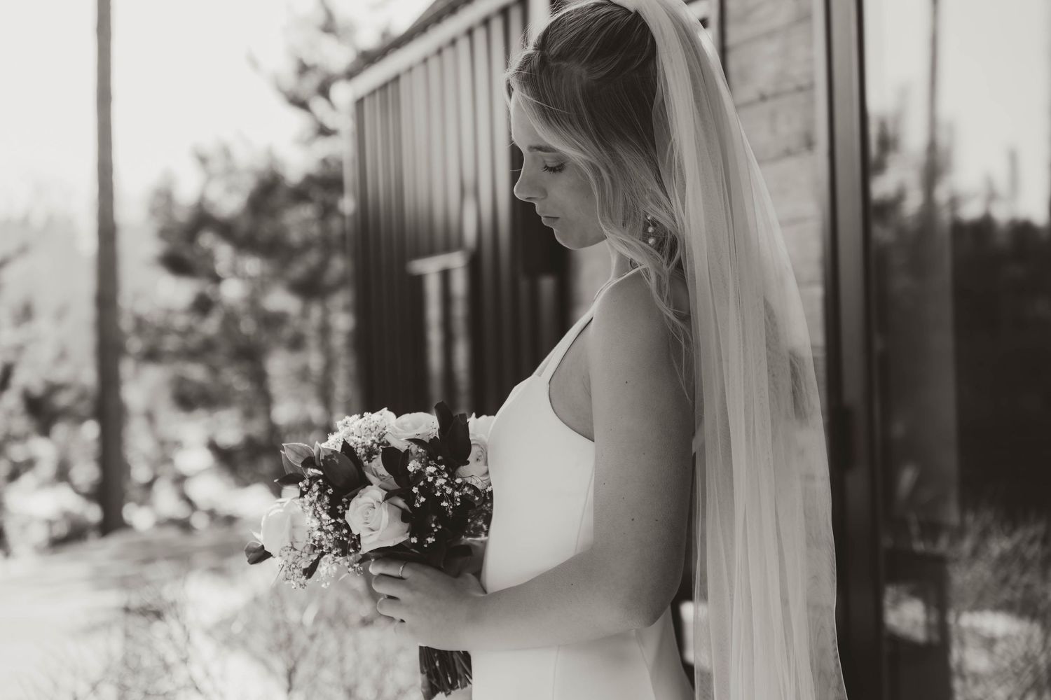 Elegant wedding portrait with dramatic window lighting and architectural details.