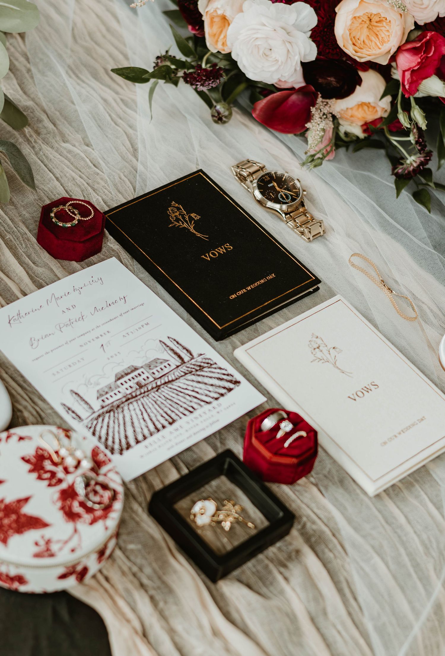 Wedding stationery and invitation suite with floral details and vintage design elements.
