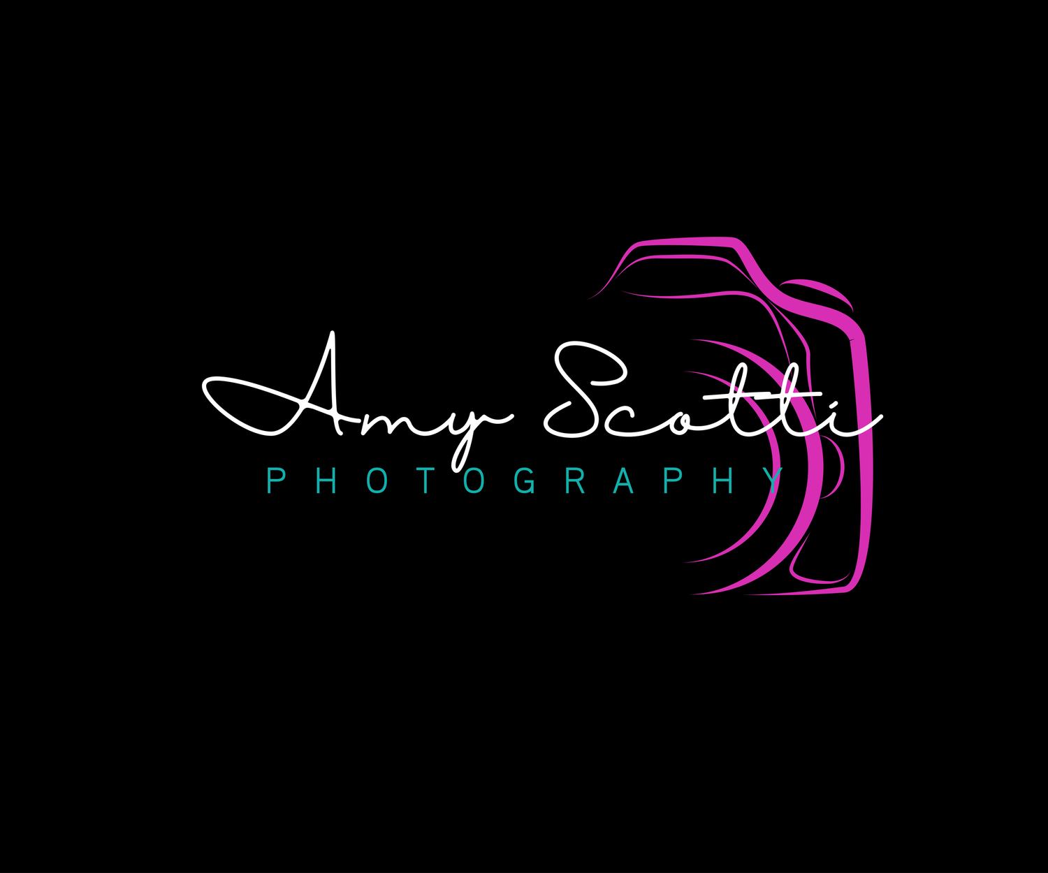 Amy Scotti Photography logo with pink camera outline and teal text on black background.