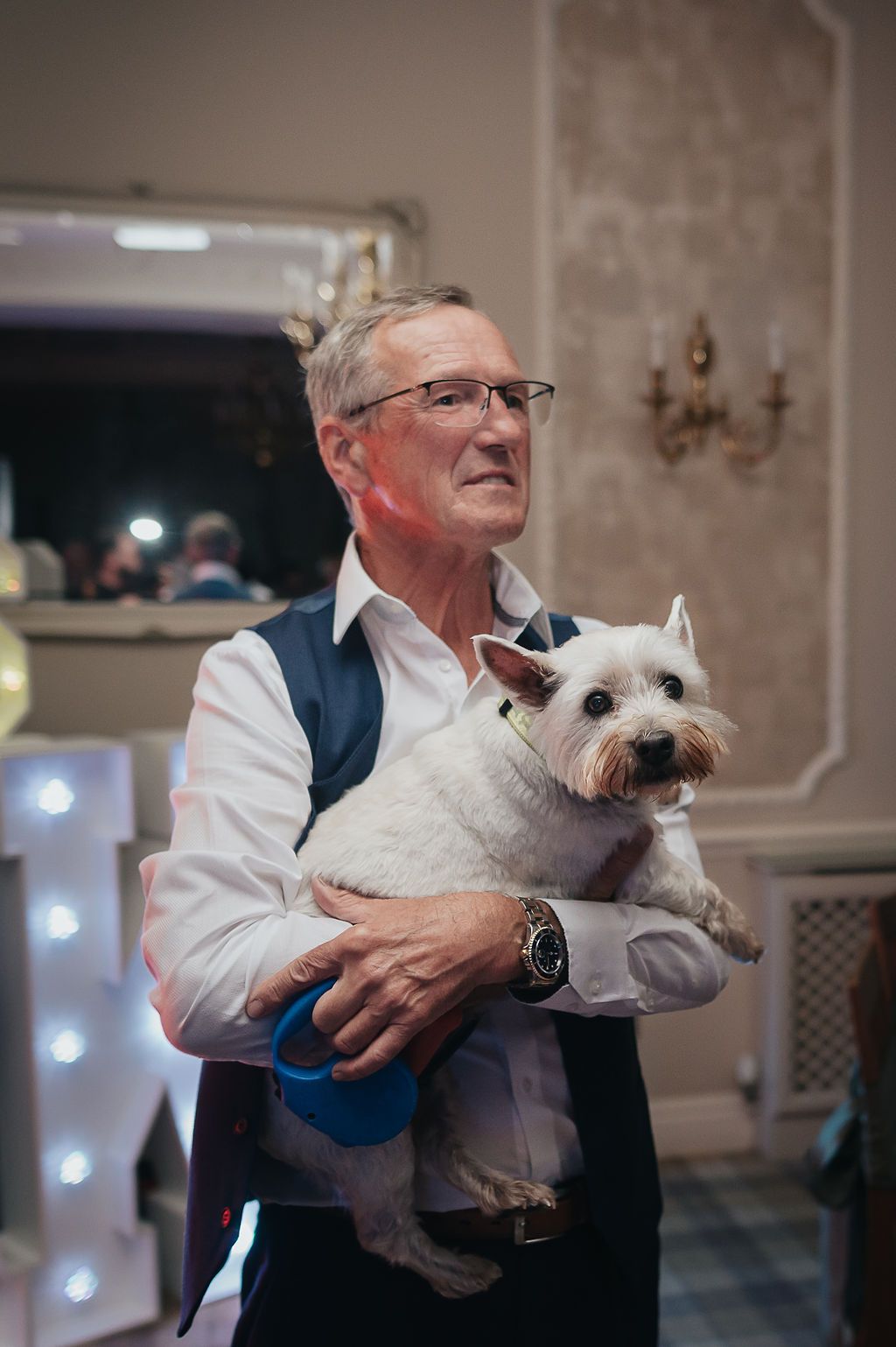 An adorable white West Highland Terrier being held during wedding celebrations.