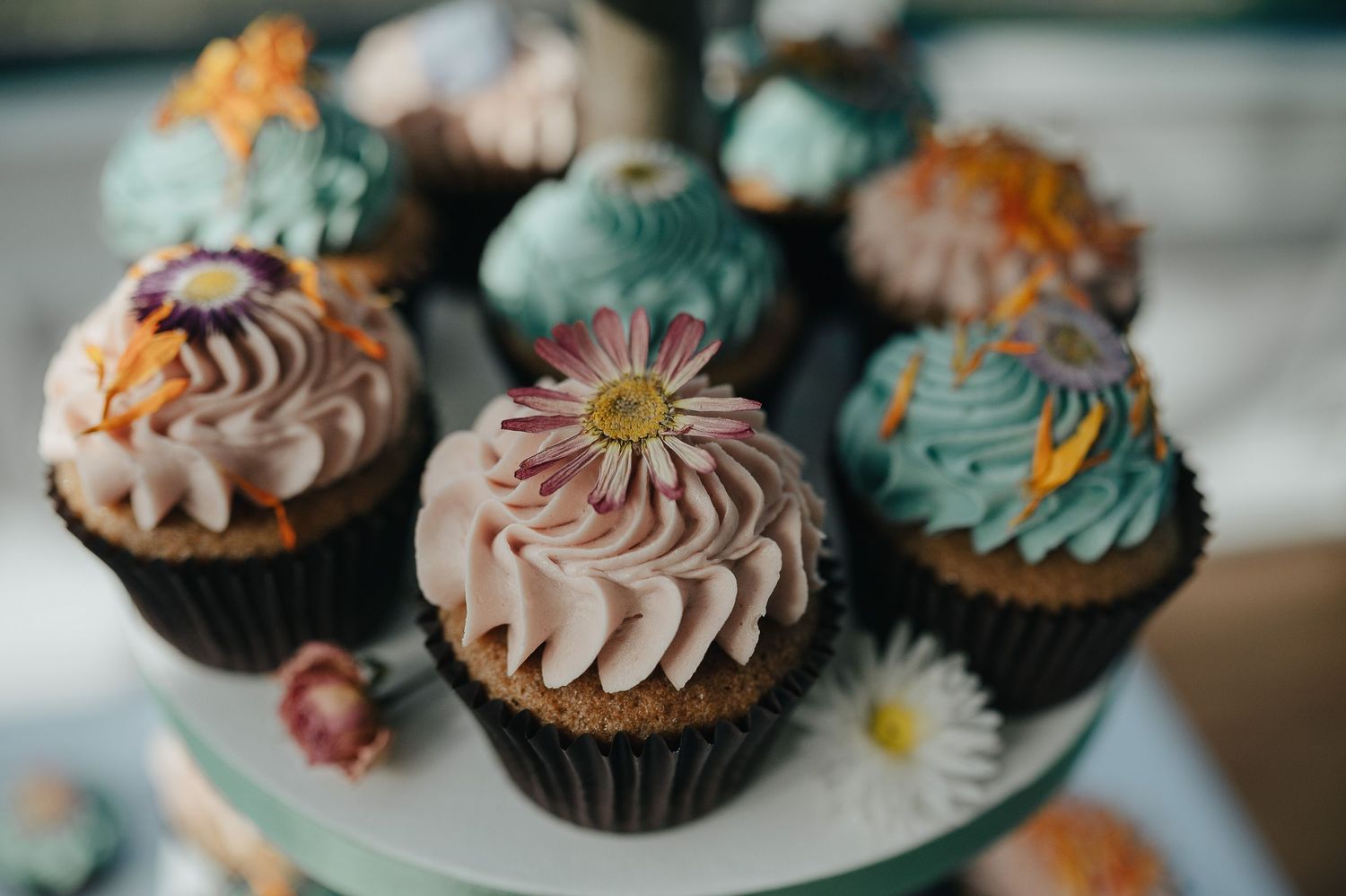 Beautifully decorated cupcakes with pastel frosting and delicate flower garnishes.