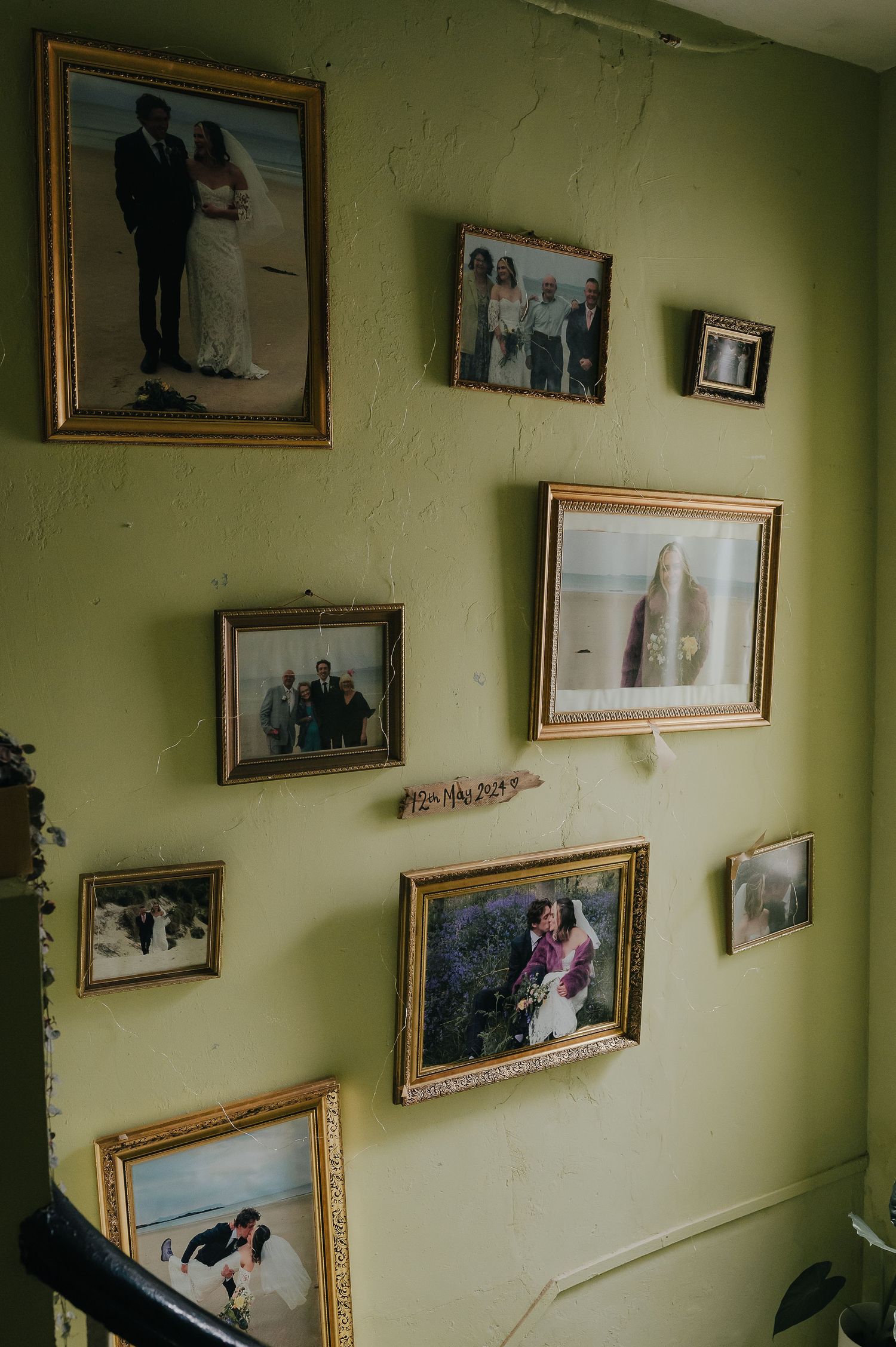 Collection of framed family photos arranged on sage green wall.