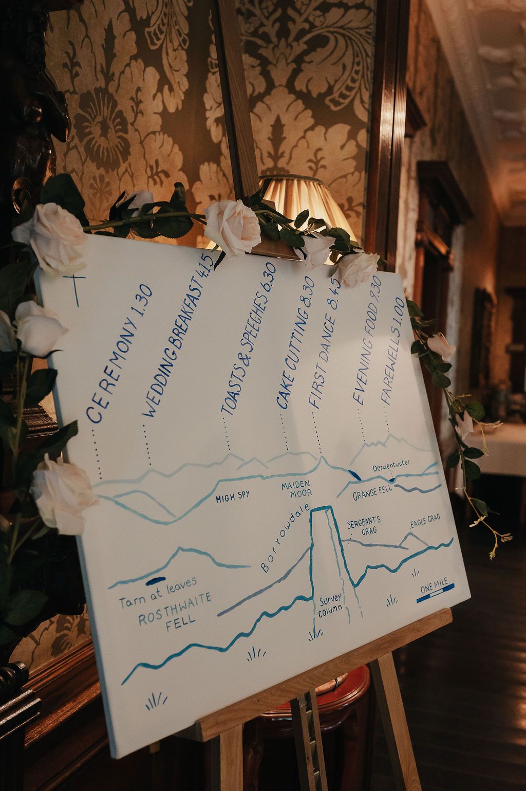 Wedding seating chart displayed on easel with white flowers and elegant damask wallpaper backdrop.