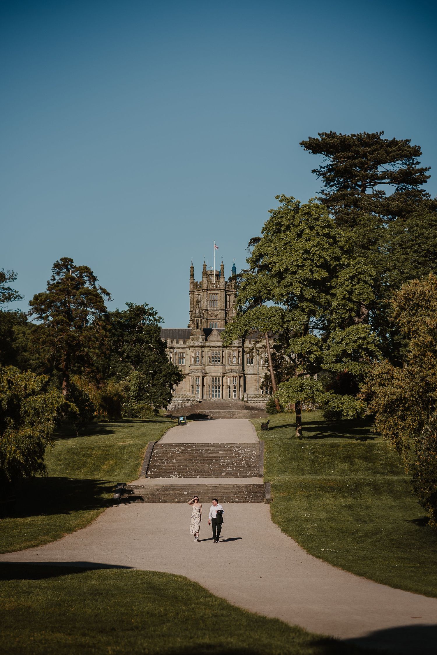 Majestic Gothic castle stands at the end of a tree-lined pathway under bright blue sky.