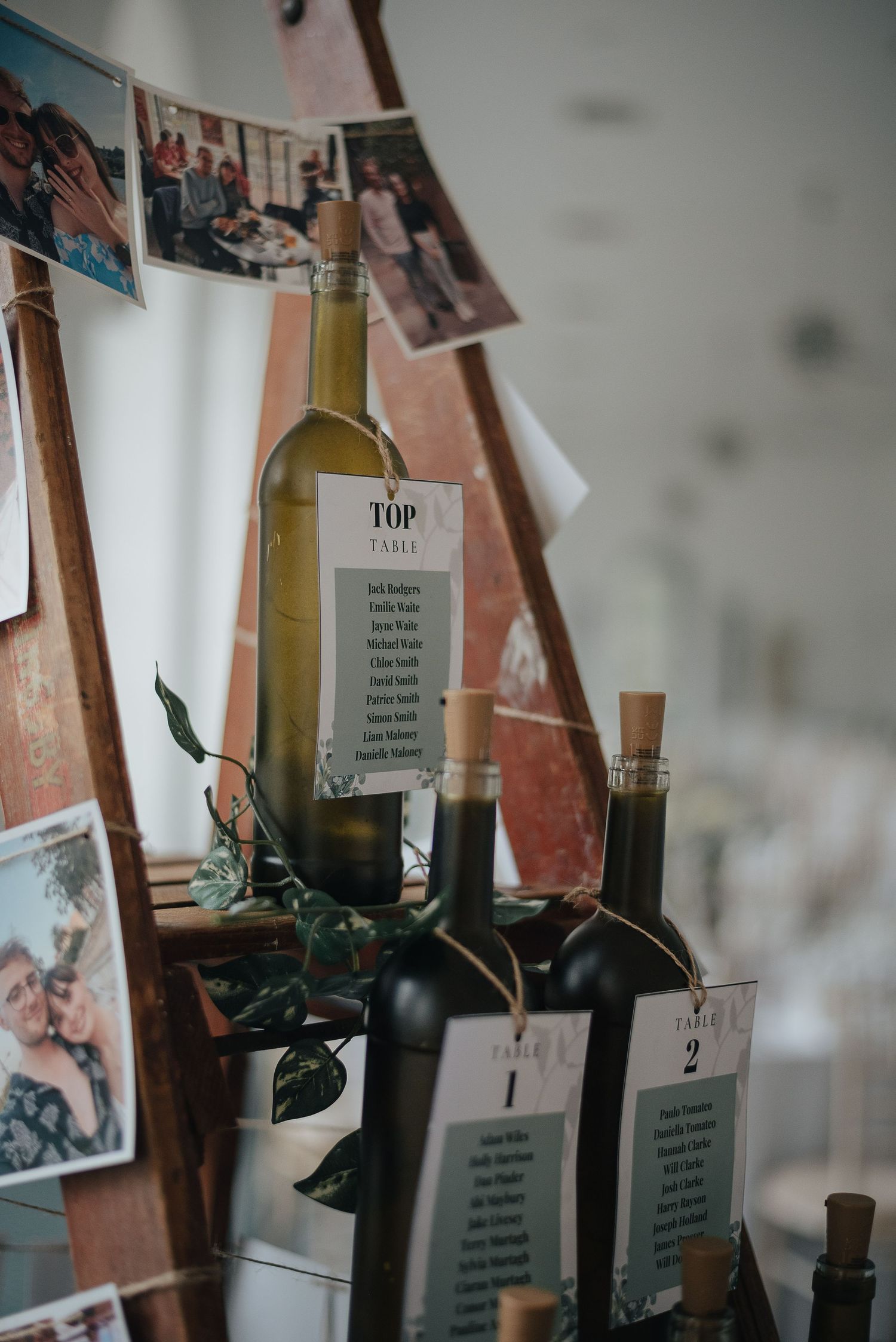 Wine bottles with labels displayed against a wall with photographs in the background.