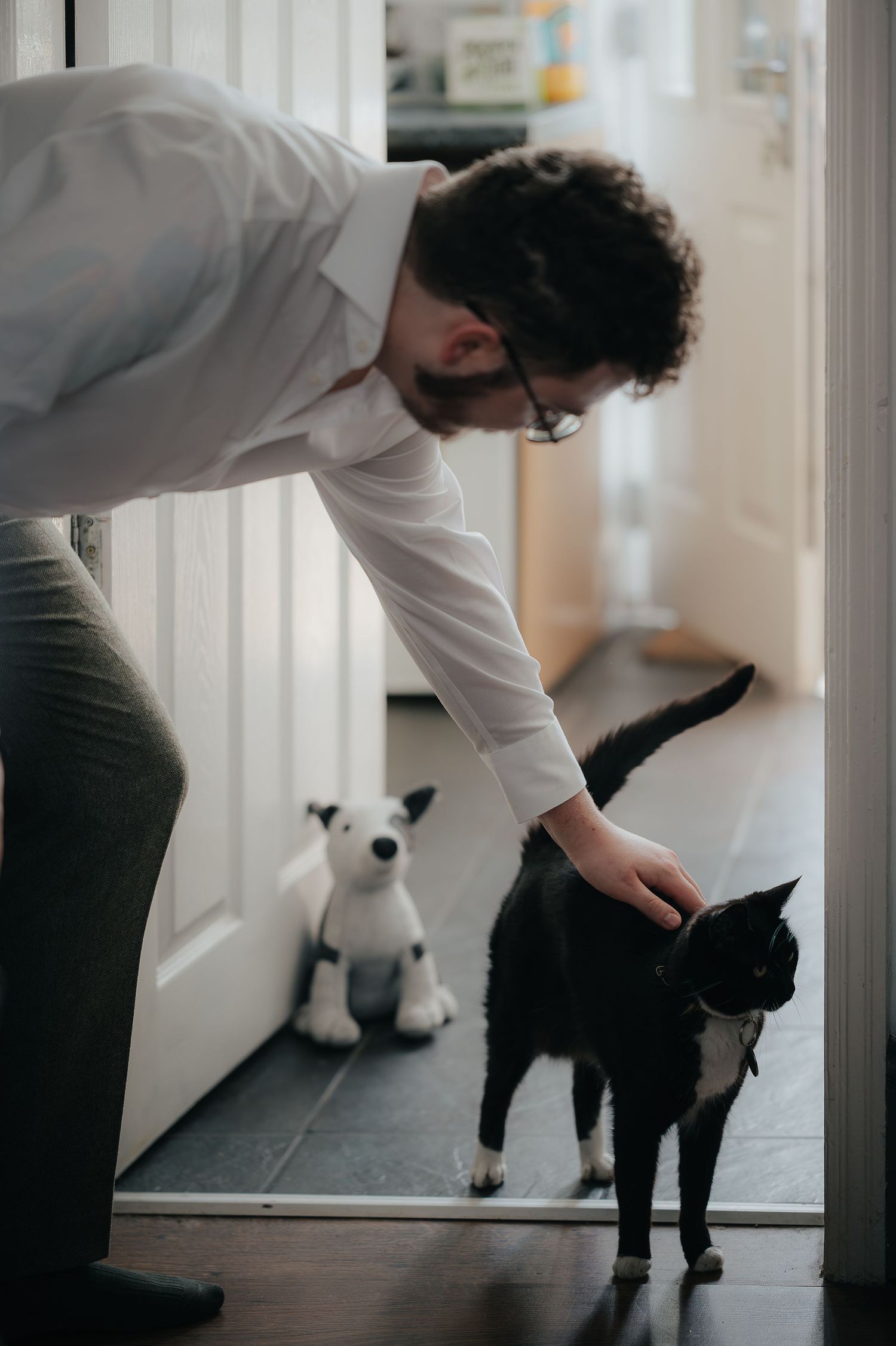 Person in white shirt pets a black cat while a small white stuffed animal sits in the background.