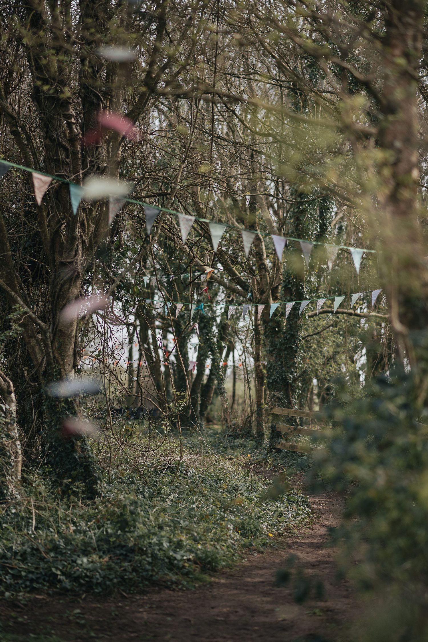 Bunting flags decorate a tree-lined pathway creating a whimsical woodland setting.