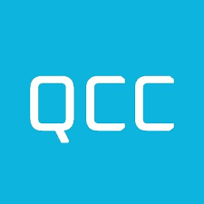 QCC letters in white against cyan blue square background.