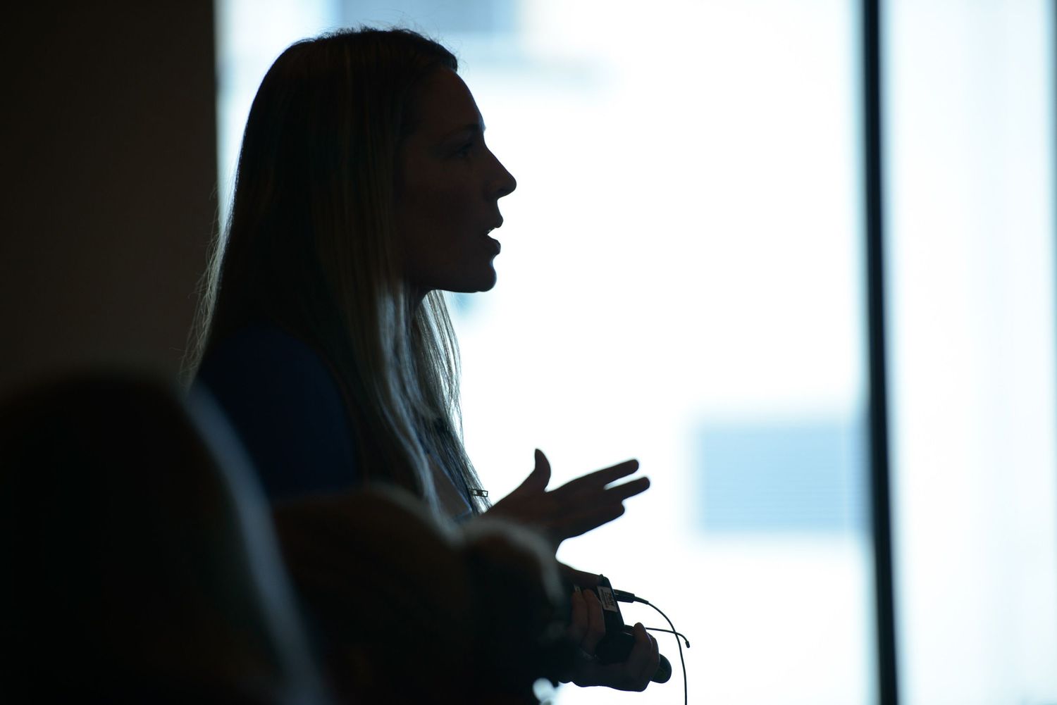 Silhouetted figures in a professional office setting with backlighting from windows.