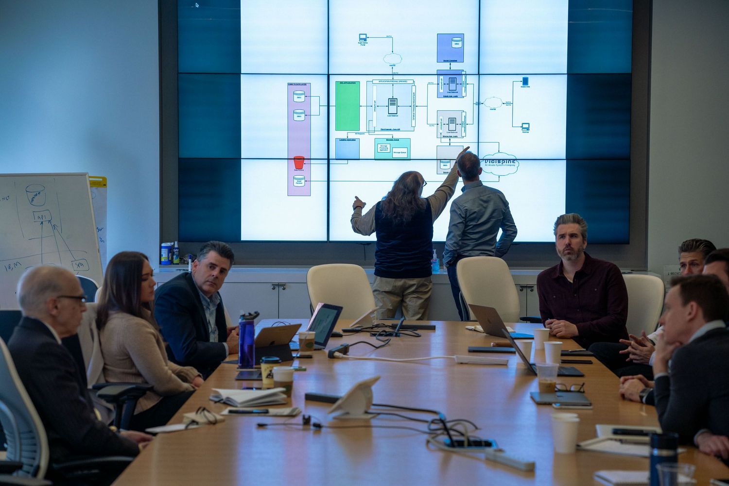 Business professionals collaborate during a meeting in a modern office space with large windows and wall displays.