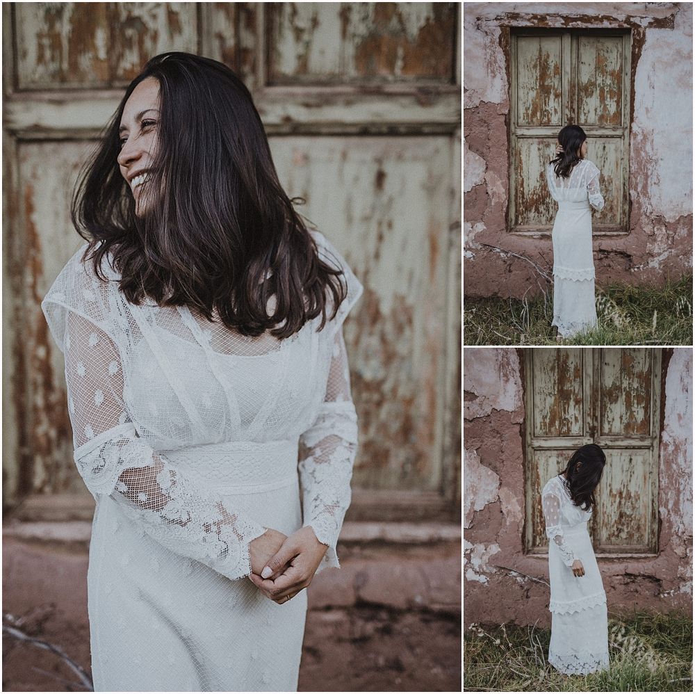 A collection of artistic bridal portraits against weathered doors and walls.