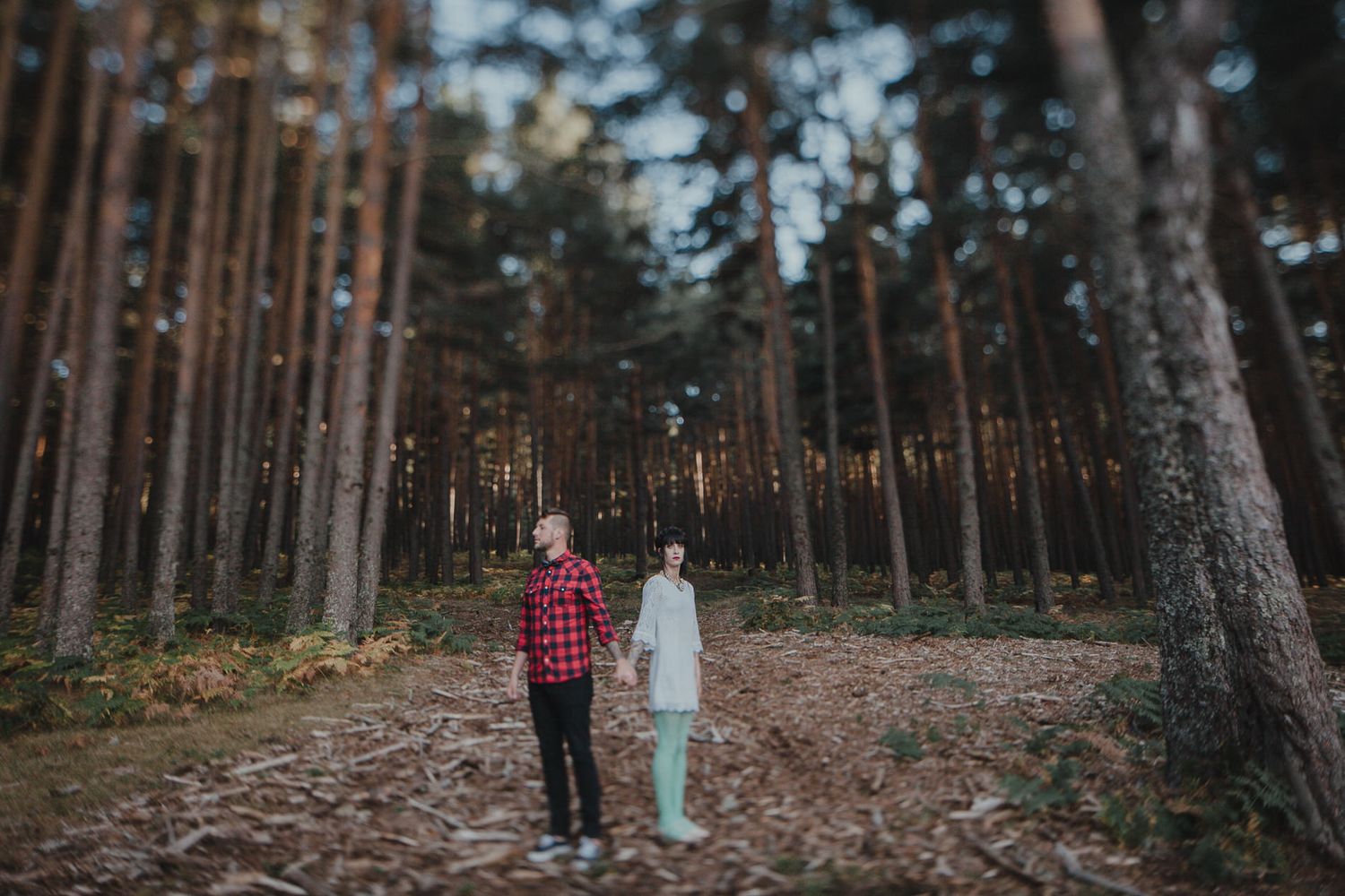 A couple stands together on a forest path surrounded by tall pine trees creating a magical atmosphere.