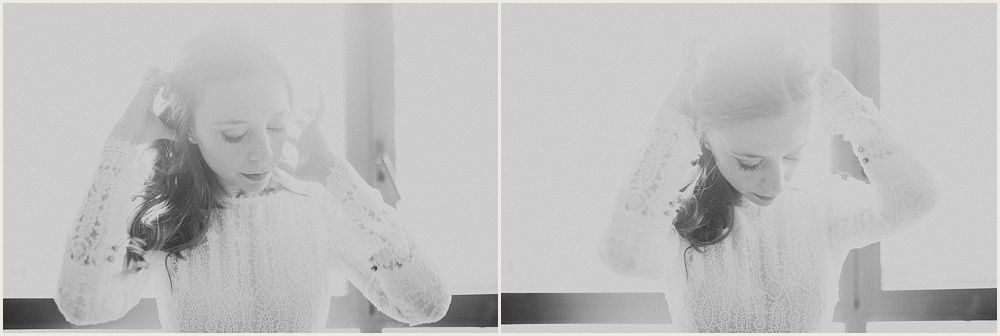 Black and white photos show a person in light colored clothing getting ready in a bright room.