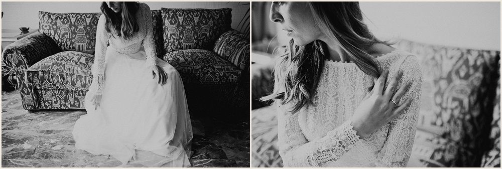 Two soft black and white photos show details of lace dress fabric on an ornate sofa.