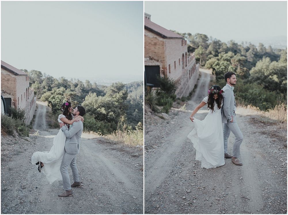 Split image showing playful wedding couple moments on rural mountain road.