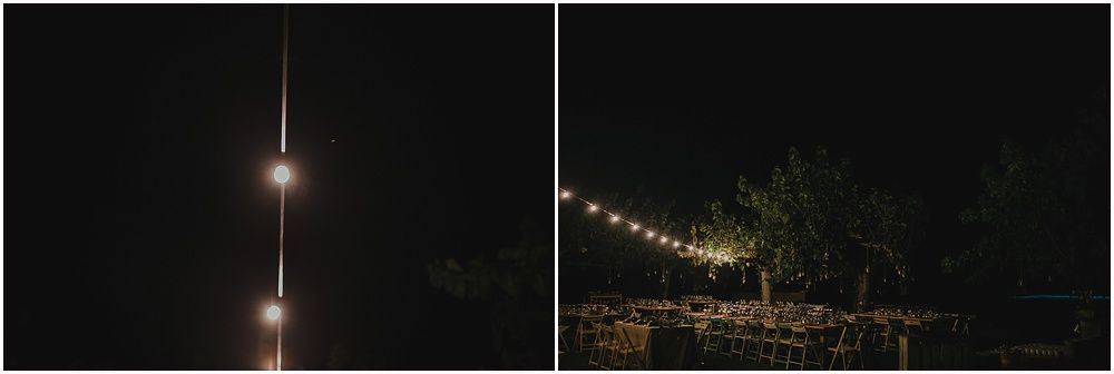 String lights illuminate dark outdoor evening setting.