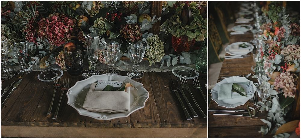 Rustic wedding table decor with floral arrangements and vintage place settings.