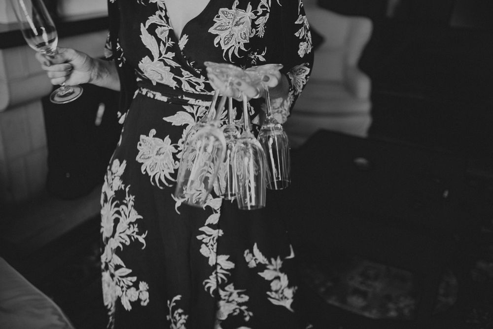 Close up of floral print dress in black and white photography.