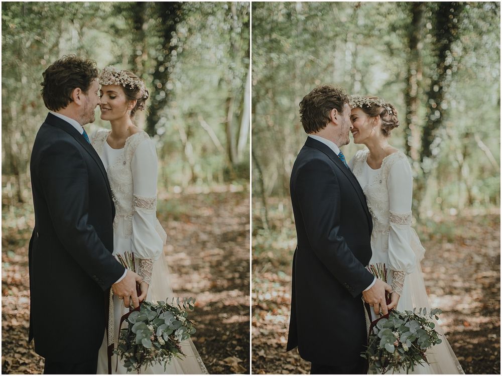 Romantic forest wedding portraits in dappled sunlight.