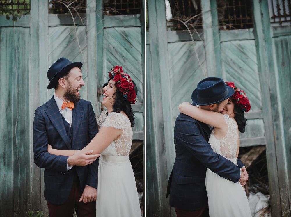Two intimate moments captured of a couple in vintage-inspired wedding attire.