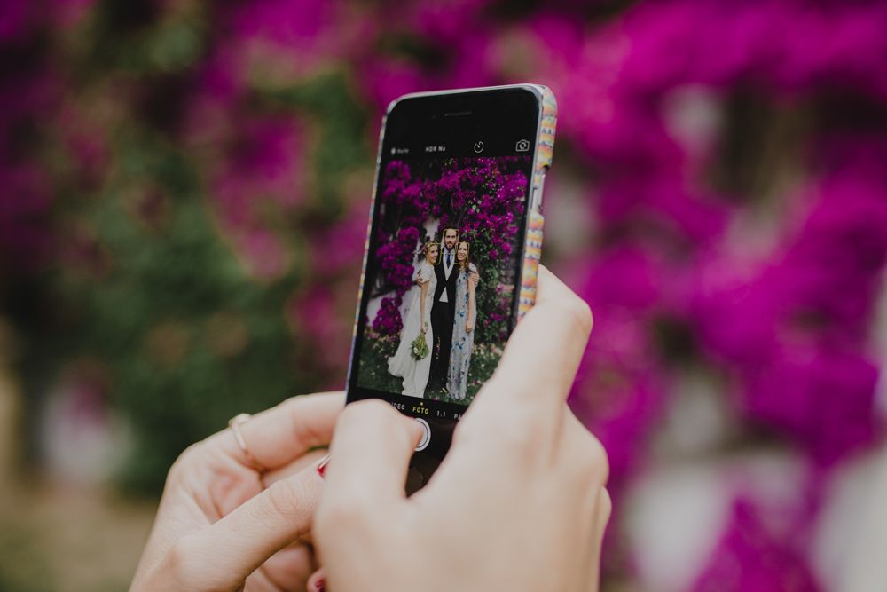 A smartphone captures a wedding photo against bright pink flowers.