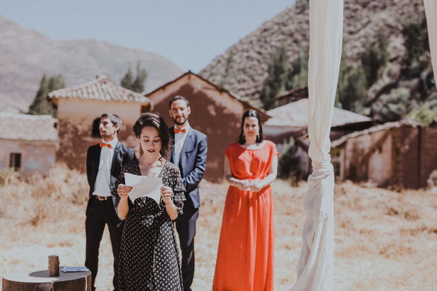 Group of wedding attendees in colorful attire pose against mountainous backdrop.