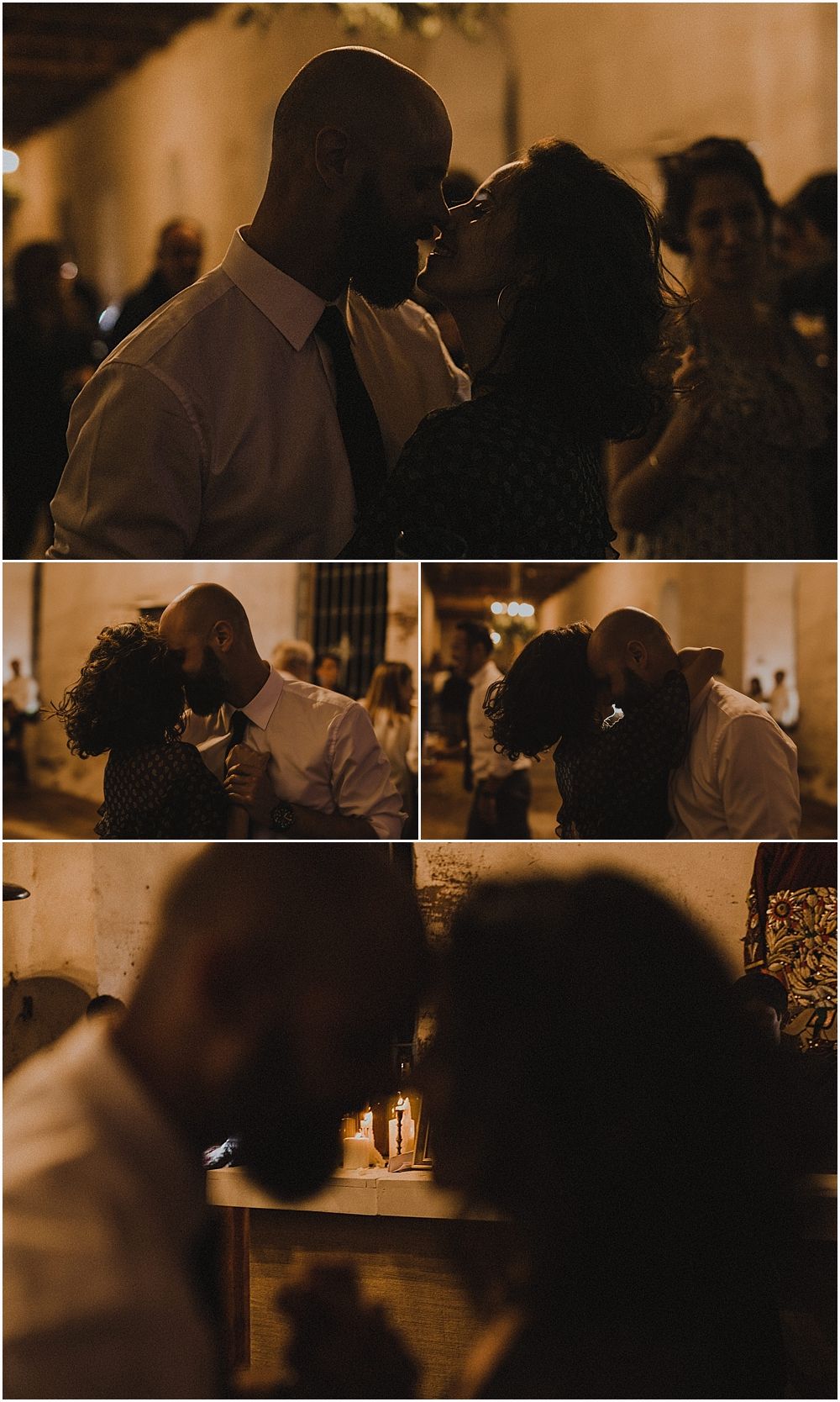 Romantic candid moments captured in warm lighting during evening celebration.