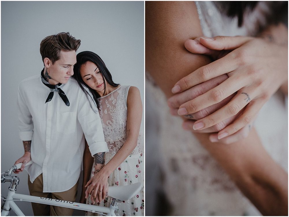 A couple in white clothing posing with a bicycle, with a close-up of hands in the second frame.