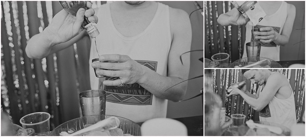 Collage of hands preparing cocktails with various ingredients and mixers.