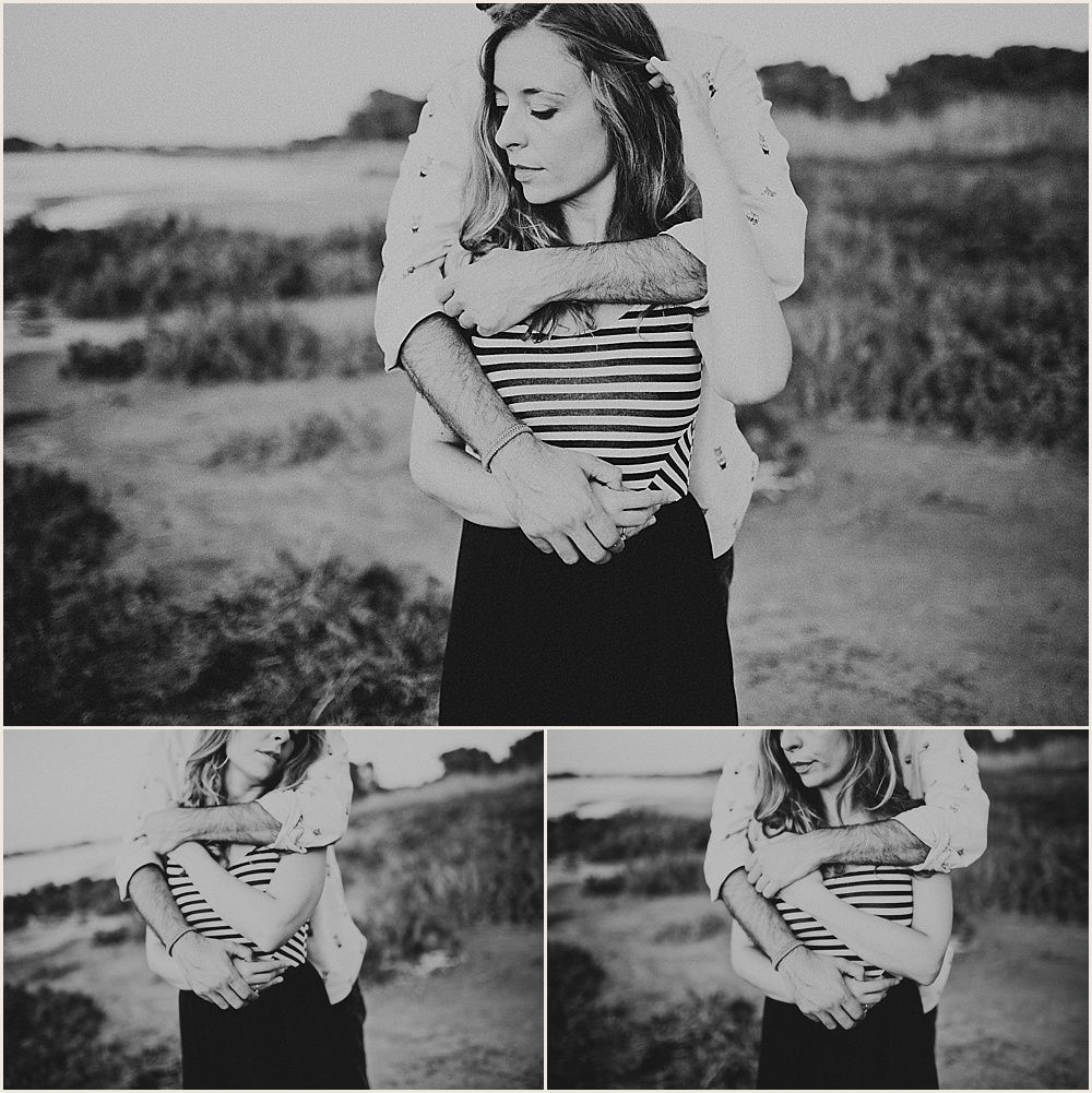 Black and white romantic portraits showing tender embrace across multiple frames.