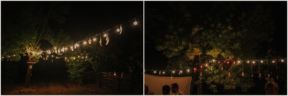 String lights create magical ambiance over outdoor nighttime gathering space.