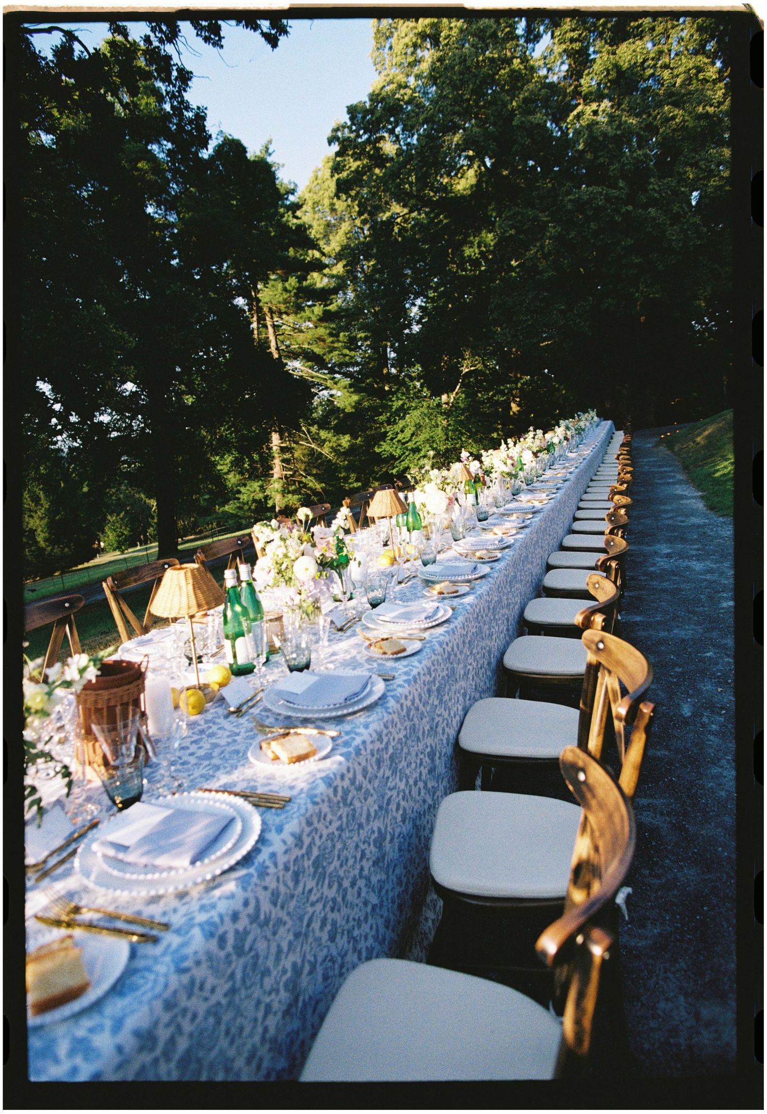 Long outdoor banquet table with blue floral tablecloth, elegant place settings, and floral centerpieces surrounded by lush green trees.