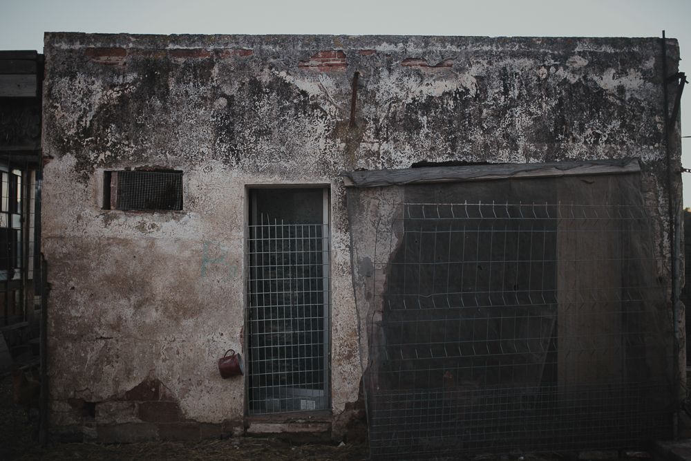 Weathered industrial building exterior with metal door and window frames against textured wall.