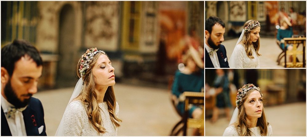 Wedding ceremony candid moments captured inside historic church architecture.