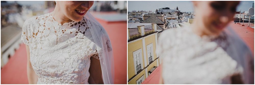 Close-up details of delicate lace wedding dress in vintage style.
