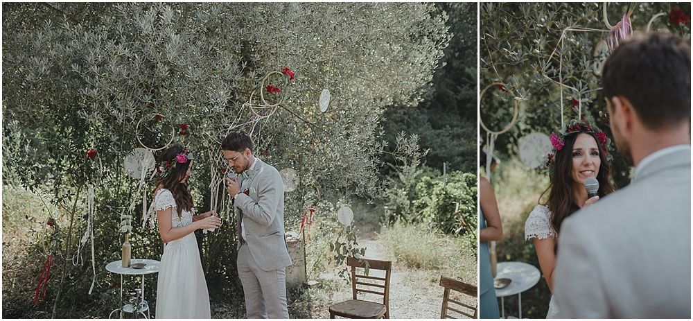 Intimate garden wedding ceremony with two frames showing special moments between couple.
