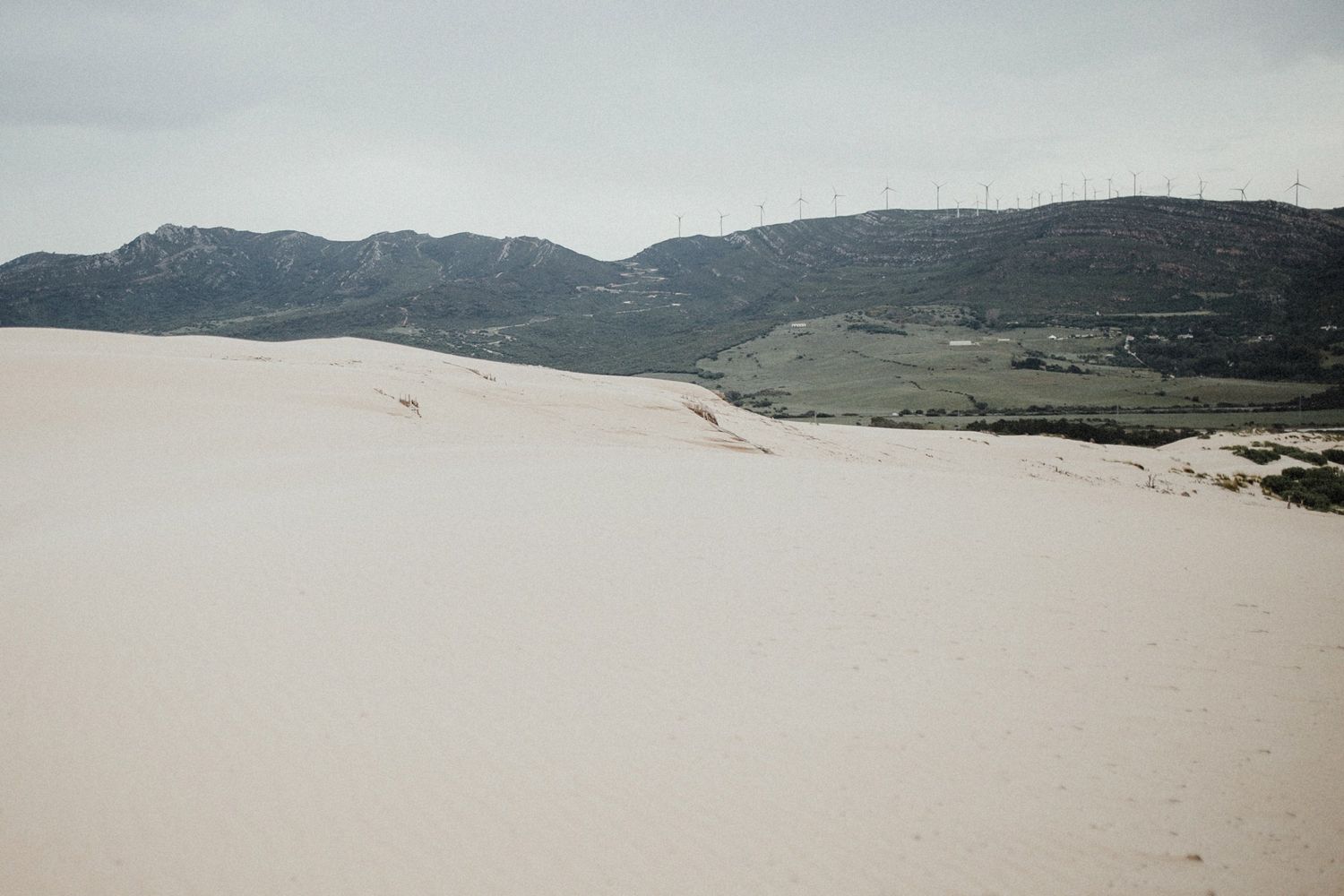 Panoramic view of coastal sand dunes with green mountains in the distance.