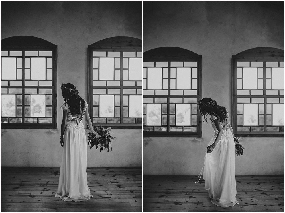 Artistic black and white diptych of bride in flowing dress against industrial windows.