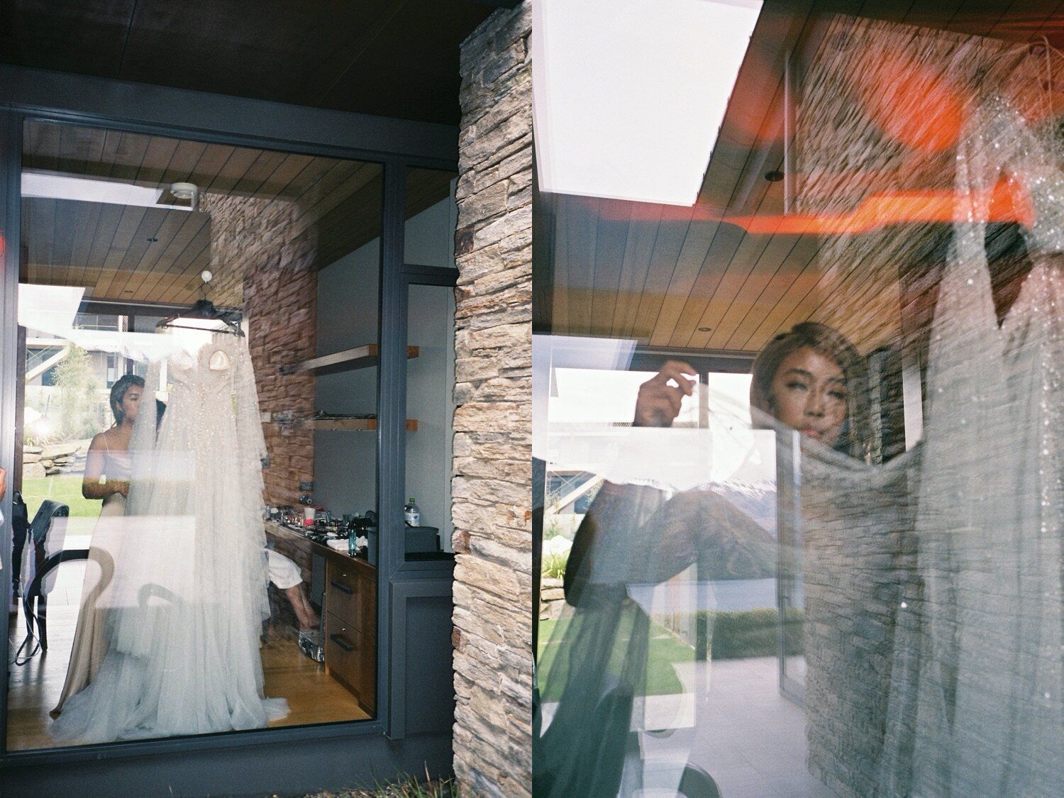 Reflective wedding preparations captured through glass and stone architecture.