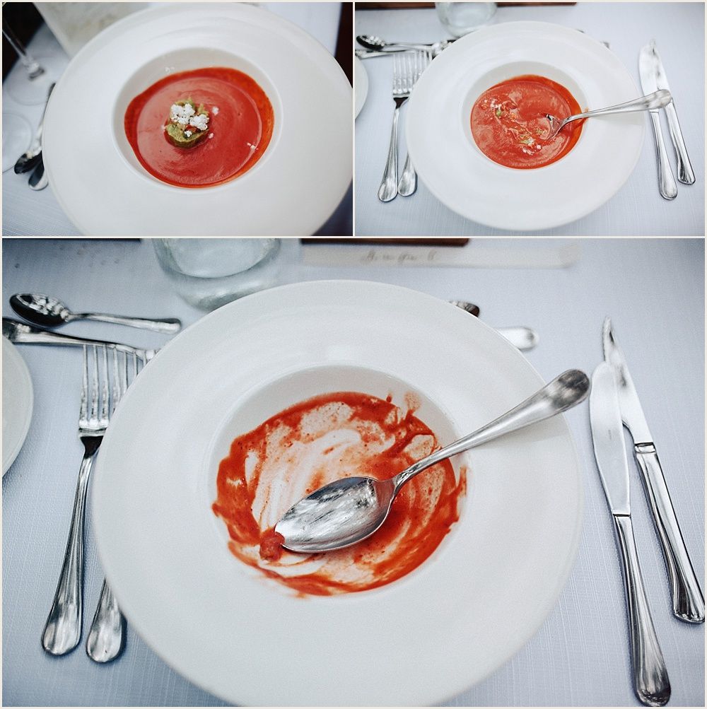 Plated red soup course progression shown in three stages on elegant white dishes with proper table settings.