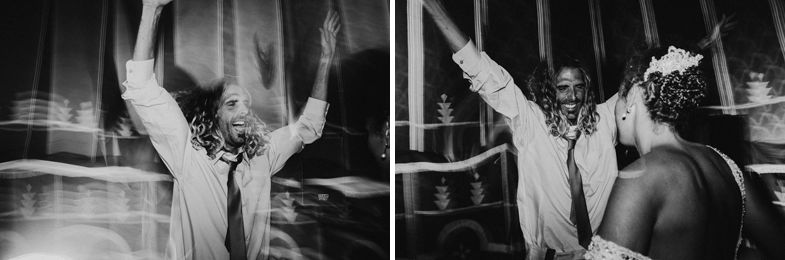 Black and white photos showing joyful celebration moments at a wedding.