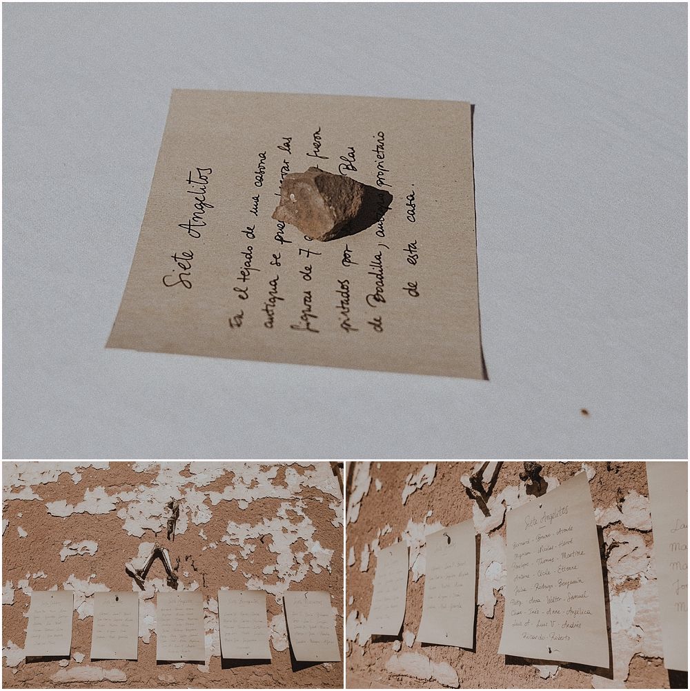 Handwritten notes and vintage paper pieces arranged in a rustic wedding style layout.