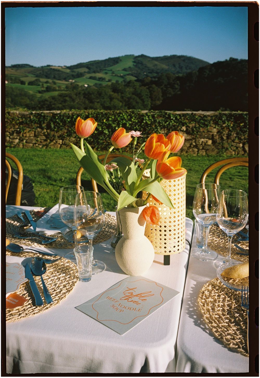 Elegant outdoor wedding table setting with orange tulips and white vases against vineyard backdrop.